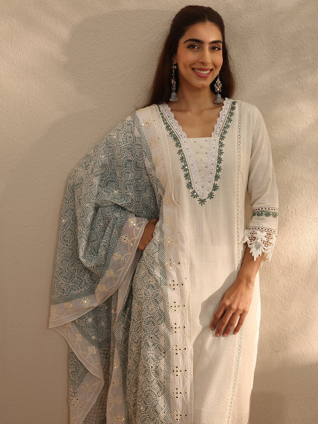 White Self Design Cotton Blend Straight Kurta Set