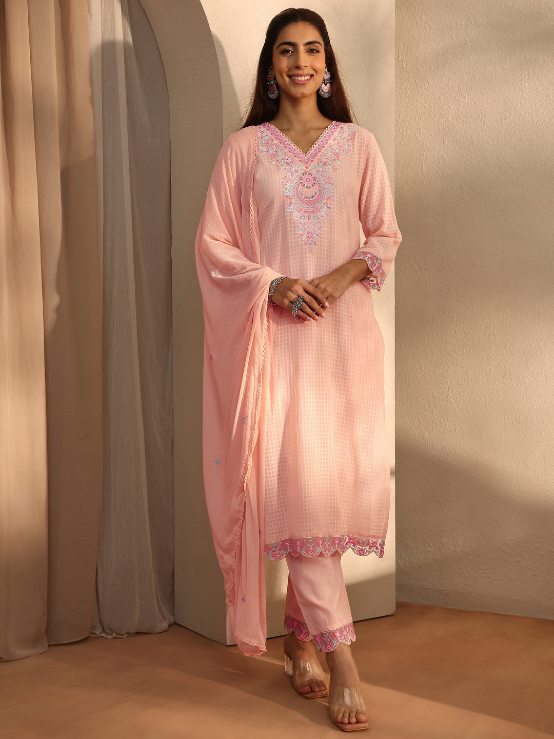 Peach Floral Self Design Cotton Blend Straight Suit Set With Dupatta