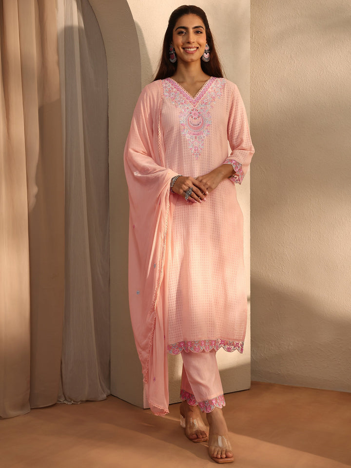 Peach Floral Self Design Cotton Blend Straight Suit Set With Dupatta