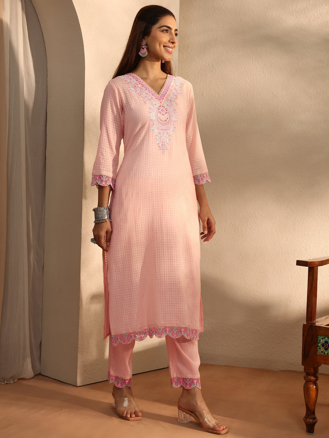 Peach Floral Self Design Cotton Blend Straight Suit Set With Dupatta
