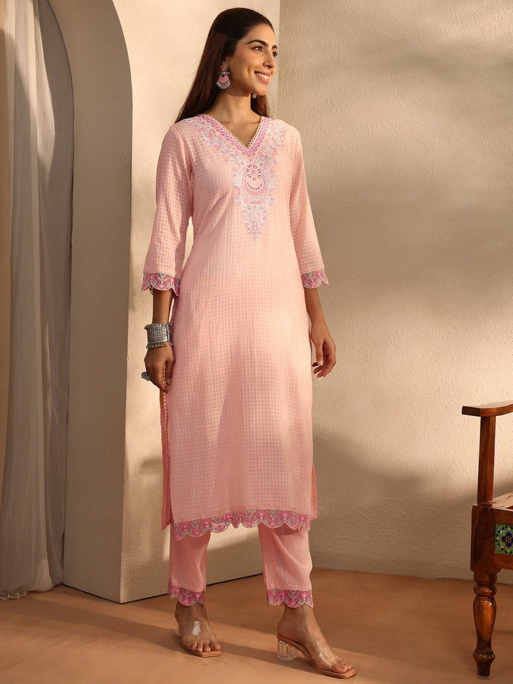 Peach Floral Self Design Cotton Blend Straight Suit Set With Dupatta