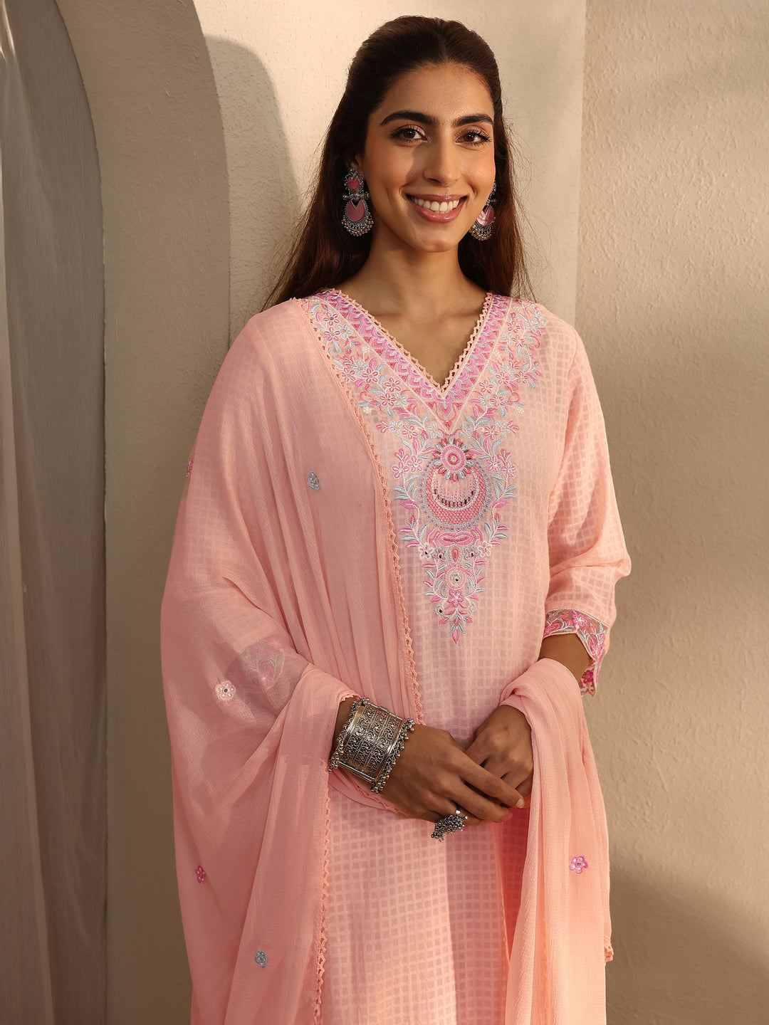 Peach Floral Self Design Cotton Blend Straight Suit Set With Dupatta