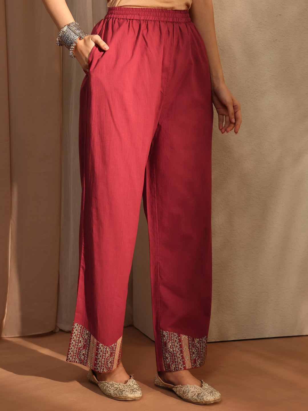Red Ethnic Motifs Embroidered Cotton Blend Straight Kurta Set