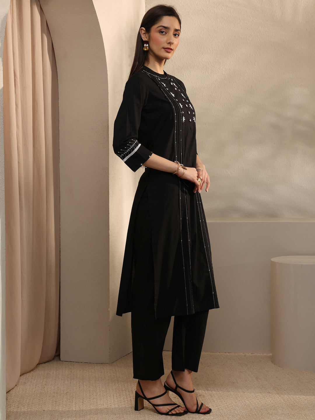 Black Embroidered Cotton Straight Kurta Set