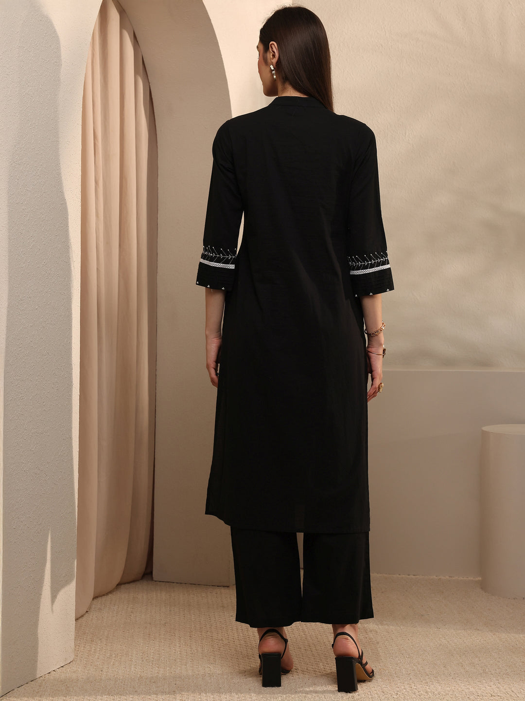Black Embroidered Cotton Straight Kurta Set