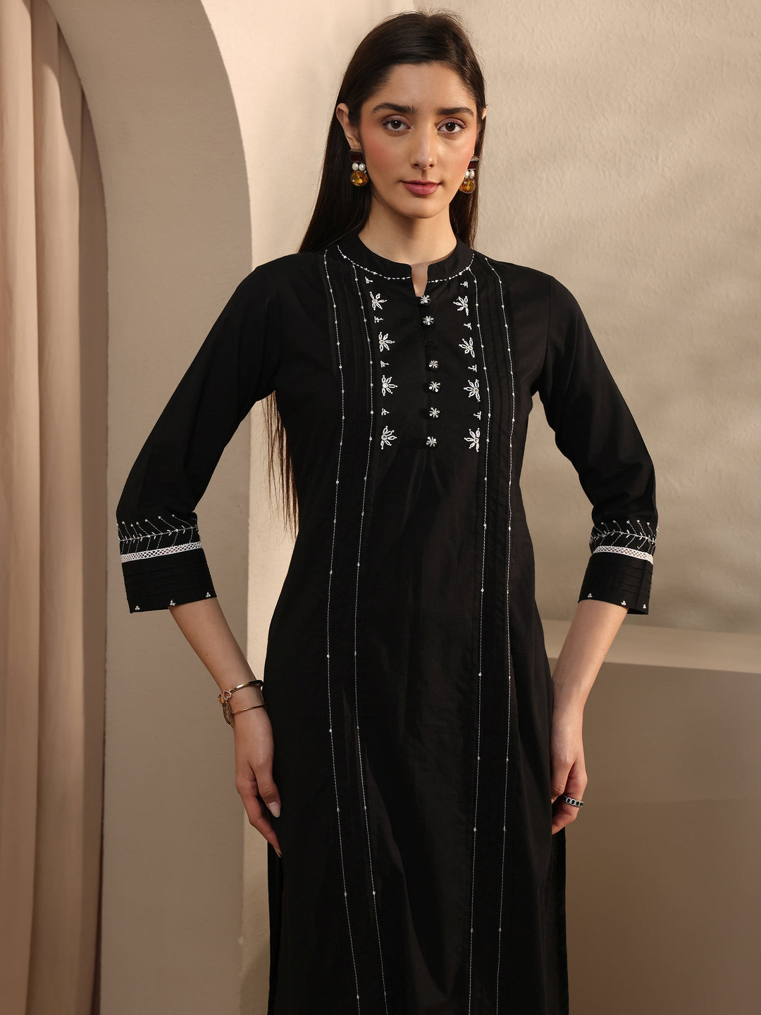 Black Embroidered Cotton Straight Kurta Set