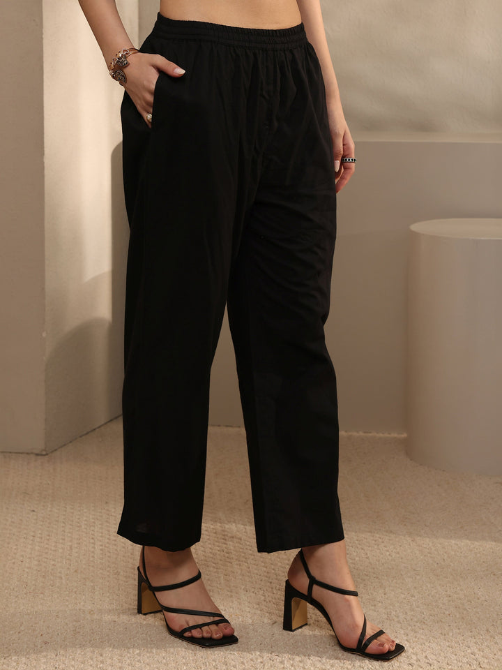 Black Embroidered Cotton Straight Kurta Set