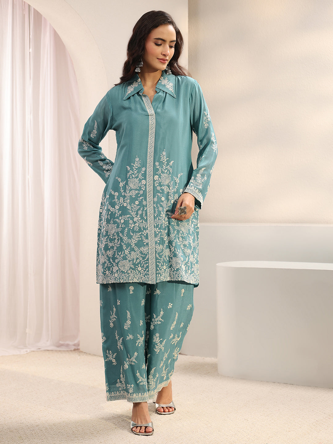 Libas Art Green Floral Embroidered Chinon Co-Ord Set