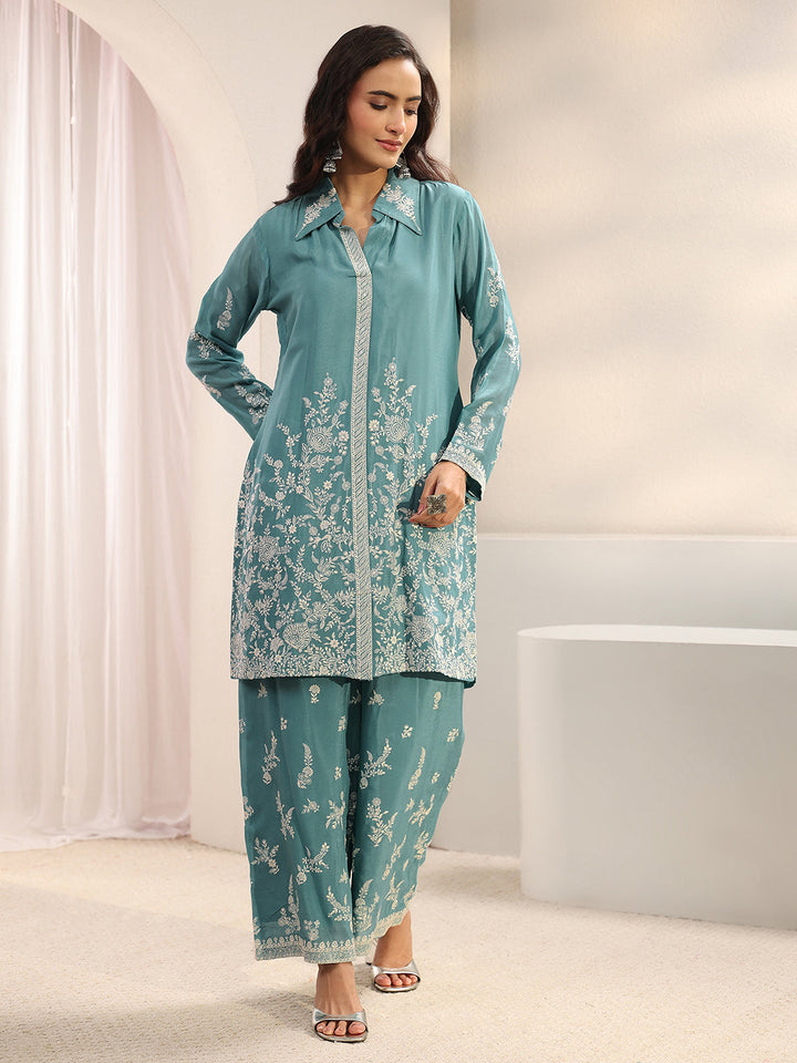 Libas Art Green Floral Embroidered Chinon Co-Ord Set