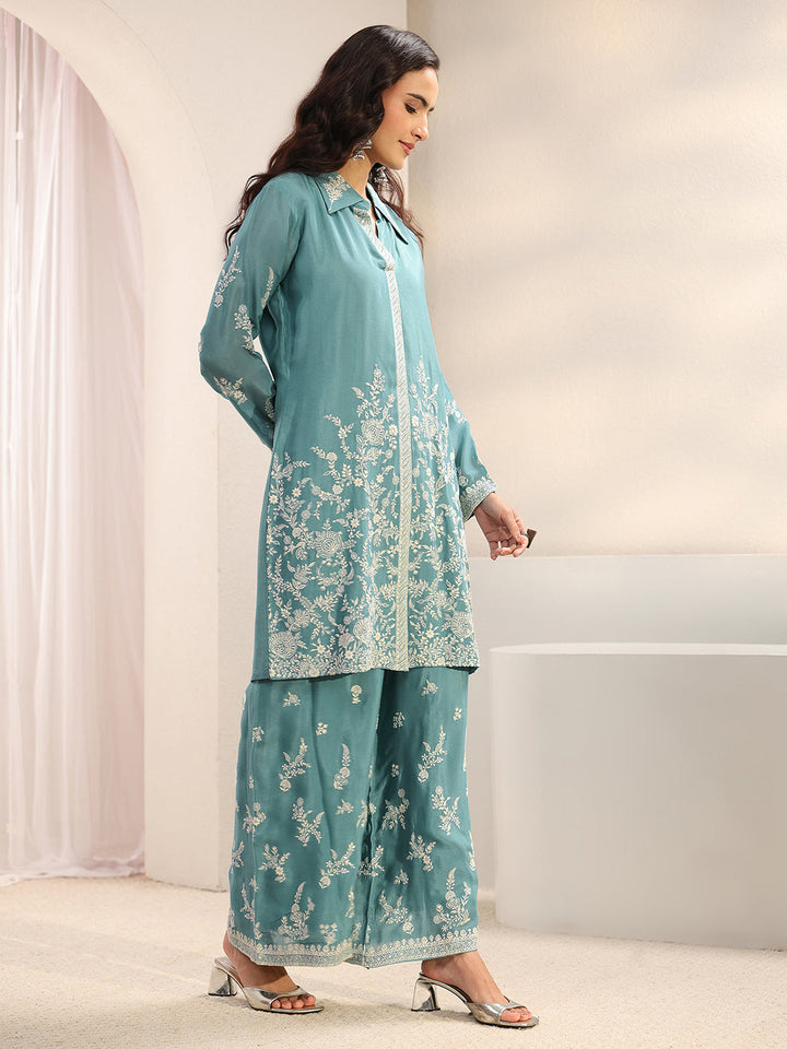 Libas Art Green Floral Embroidered Chinon Co-Ord Set