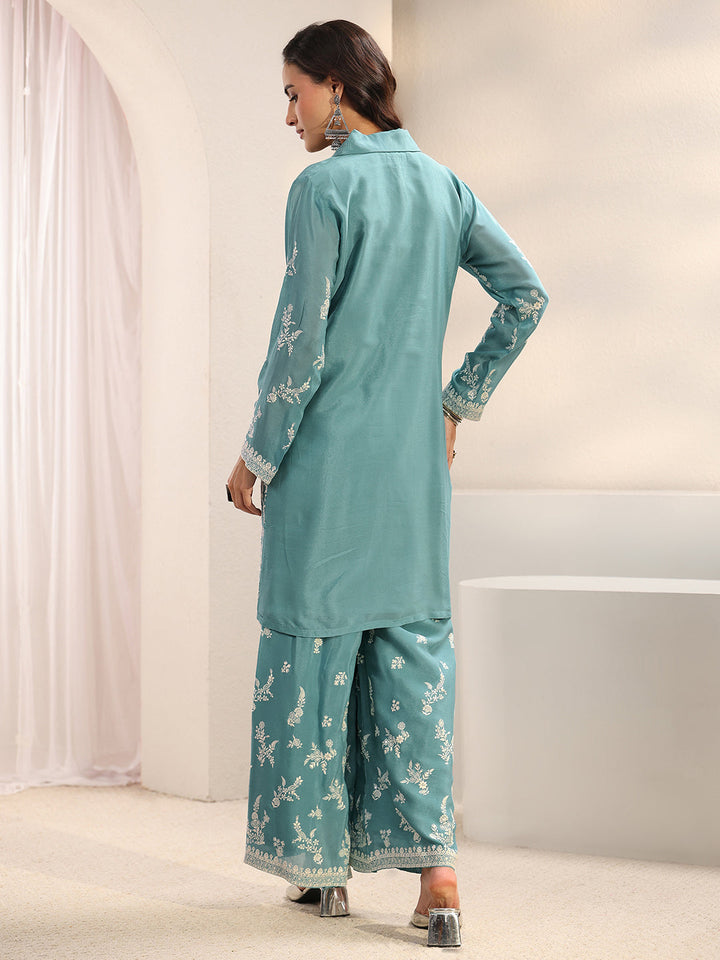 Libas Art Green Floral Embroidered Chinon Co-Ord Set