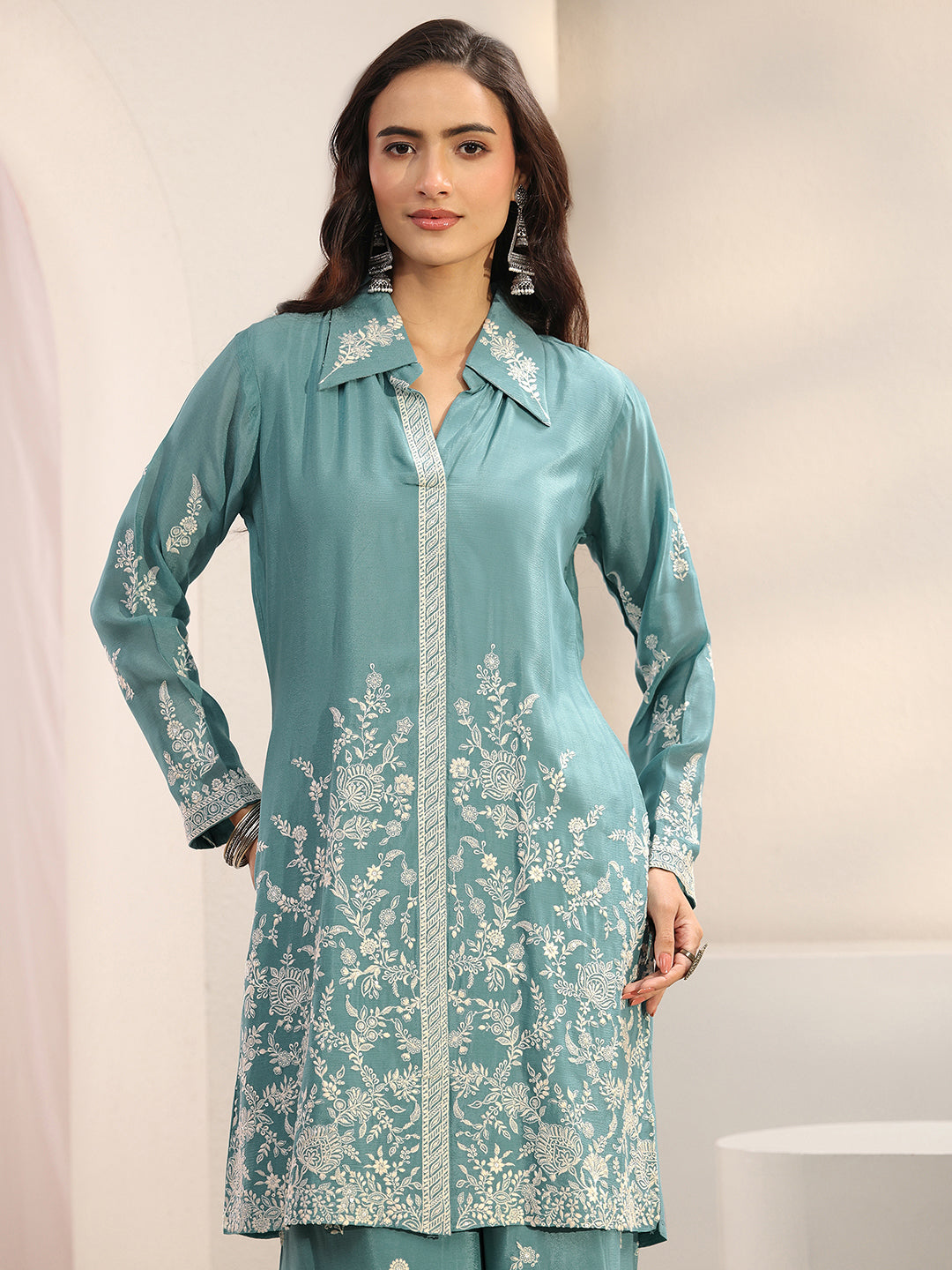 Libas Art Green Floral Embroidered Chinon Co-Ord Set
