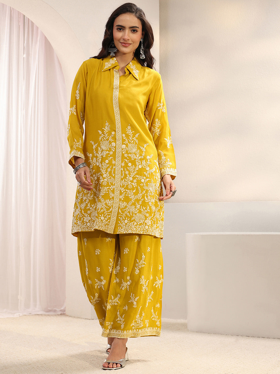 Libas Art Mustard Floral Embroidered Chinon Co-Ord Set