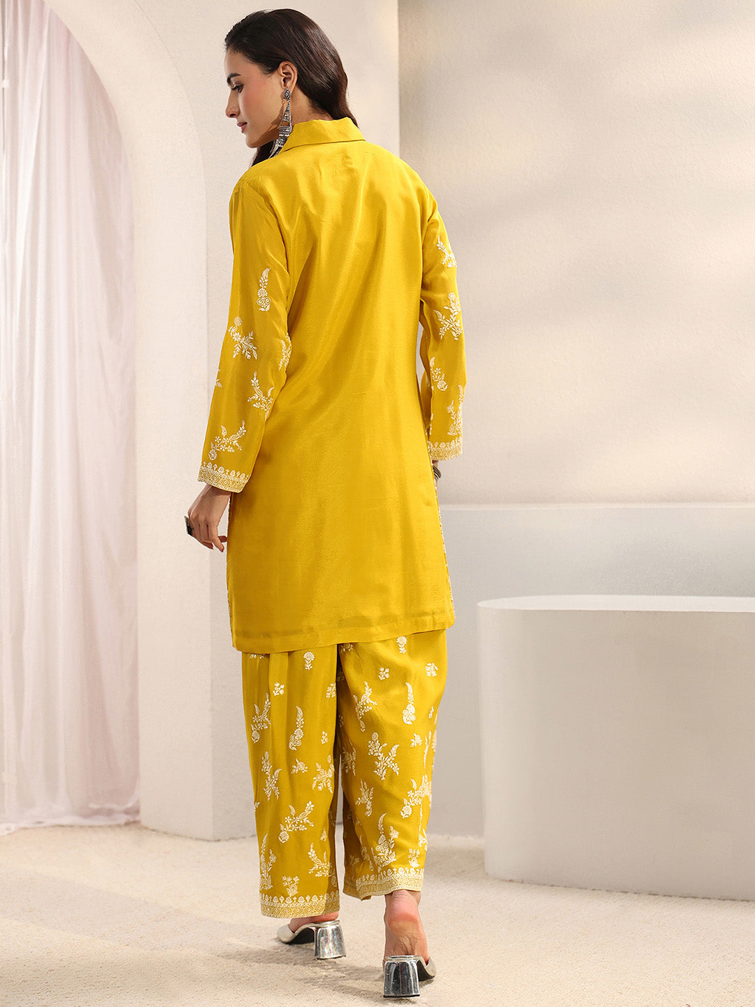 Libas Art Mustard Floral Embroidered Chinon Co-Ord Set
