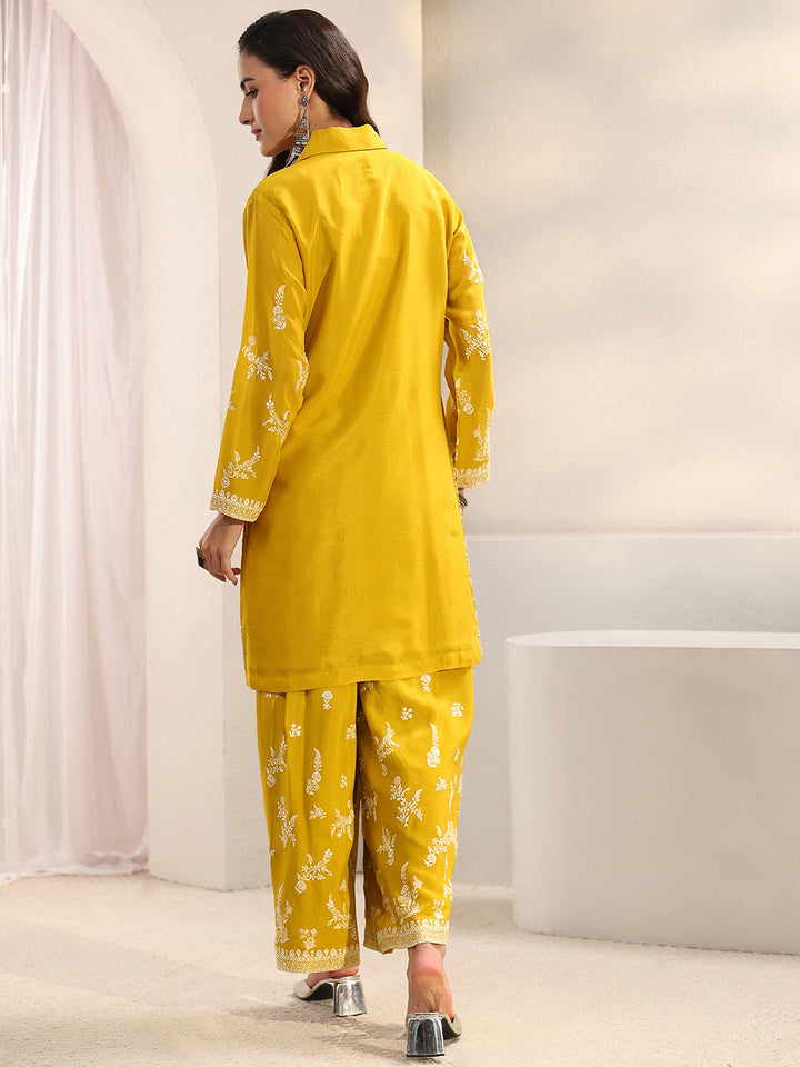 Libas Art Mustard Floral Embroidered Chinon Co-Ord Set