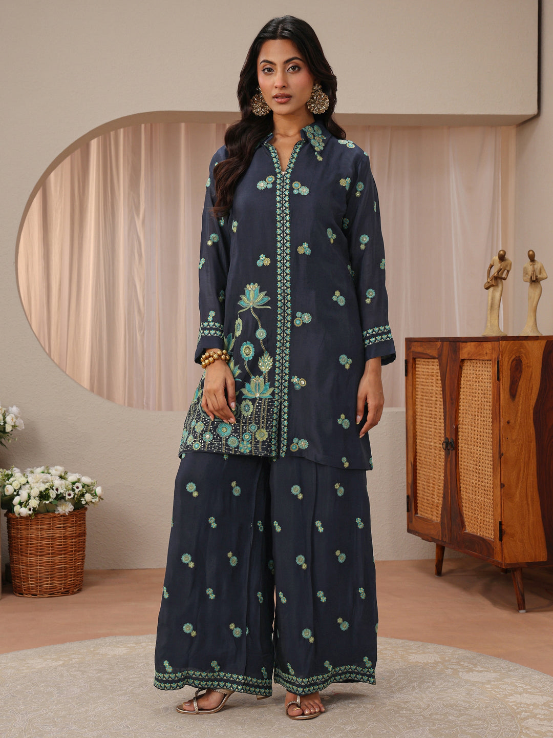 Libas Art Navy Blue Floral Embroidered Chinon Co-Ord Set