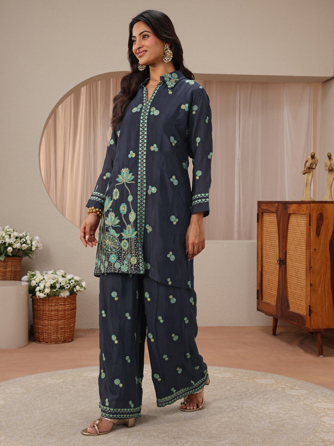 Libas Art Navy Blue Floral Embroidered Chinon Co-Ord Set