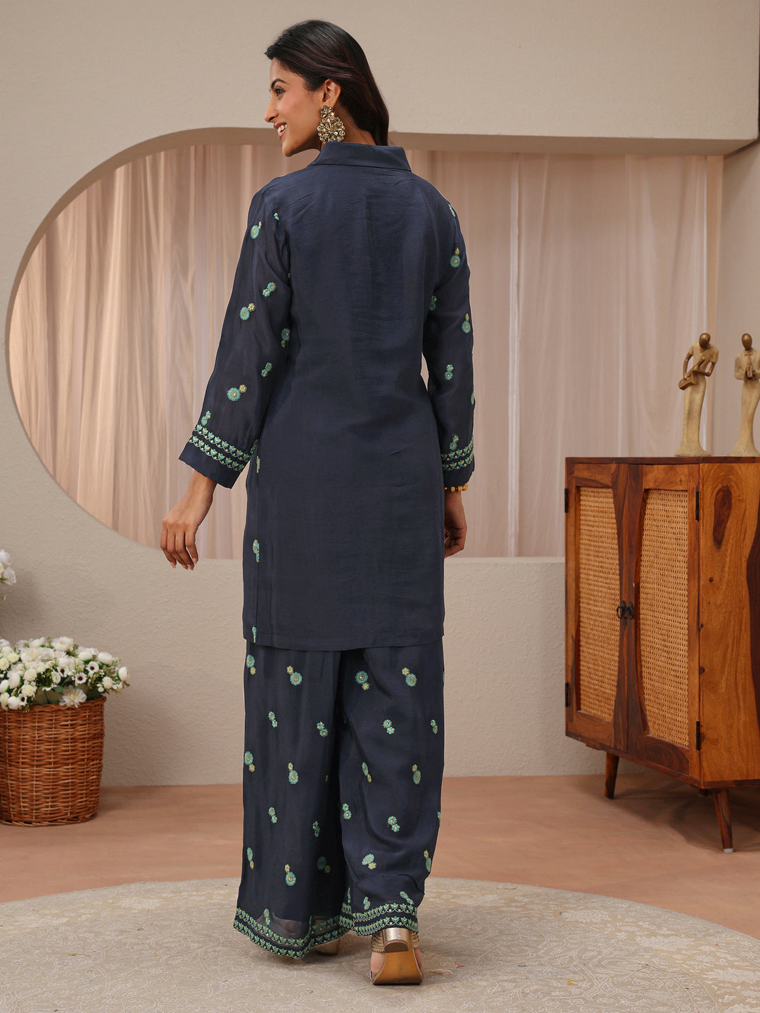 Libas Art Navy Blue Floral Embroidered Chinon Co-Ord Set