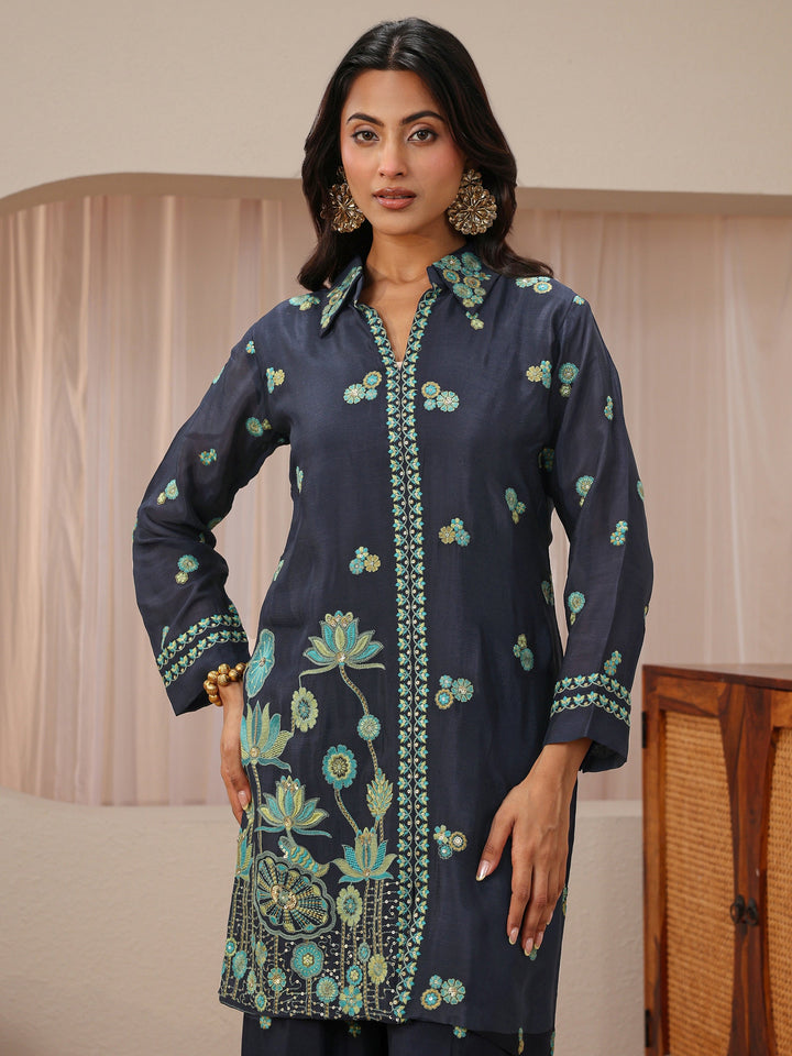 Libas Art Navy Blue Floral Embroidered Chinon Co-Ord Set