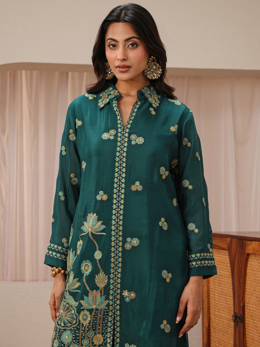 Libas Art Green Floral Embroidered Chinon Co-Ord Set
