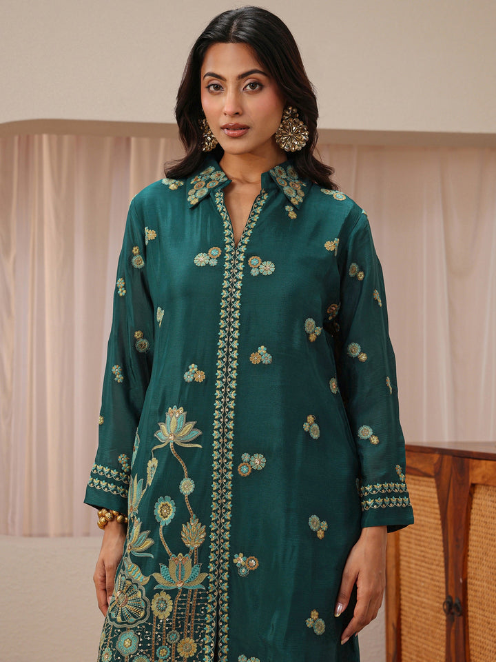 Libas Art Green Floral Embroidered Chinon Co-Ord Set