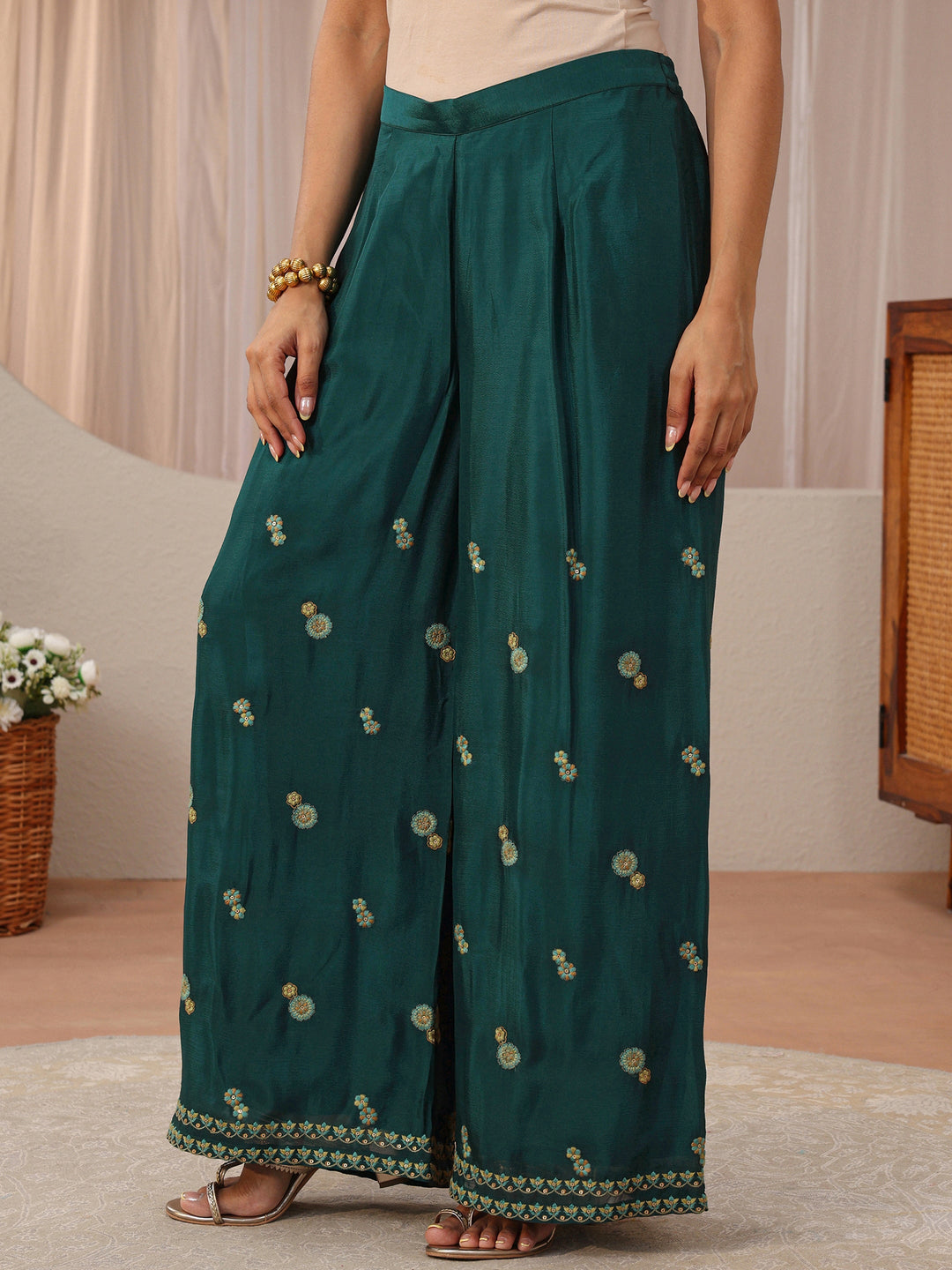 Libas Art Green Floral Embroidered Chinon Co-Ord Set