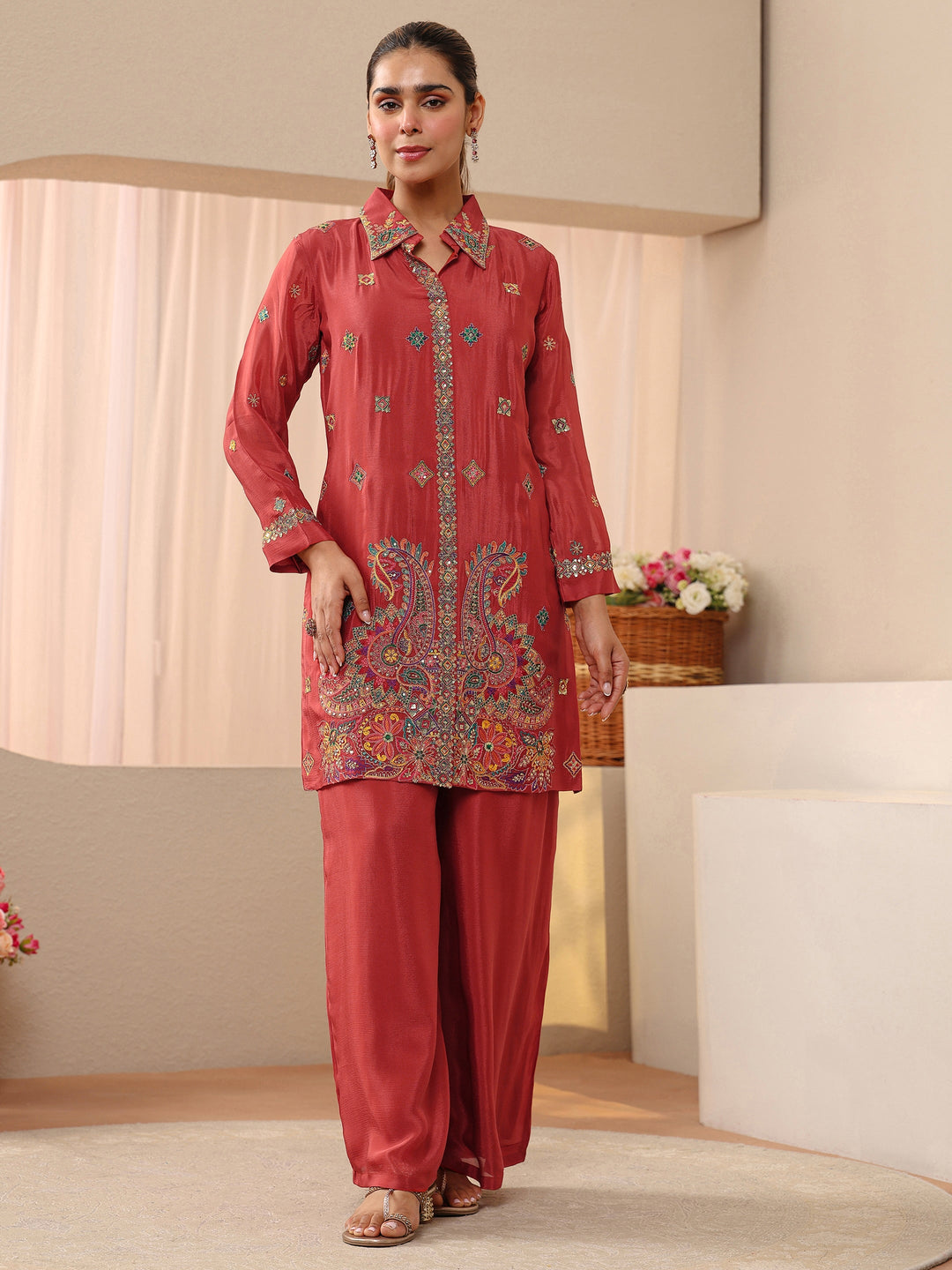 Libas Art Rust Ethnic Embroidered Crepe Co-Ord Set