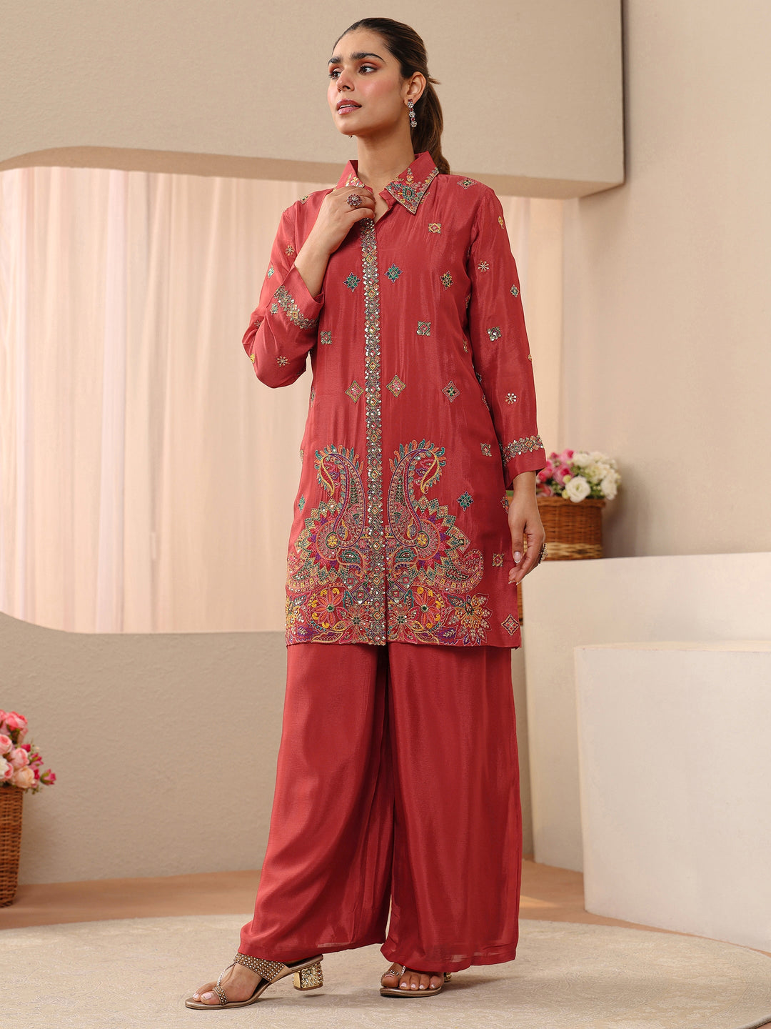 Libas Art Rust Ethnic Embroidered Crepe Co-Ord Set
