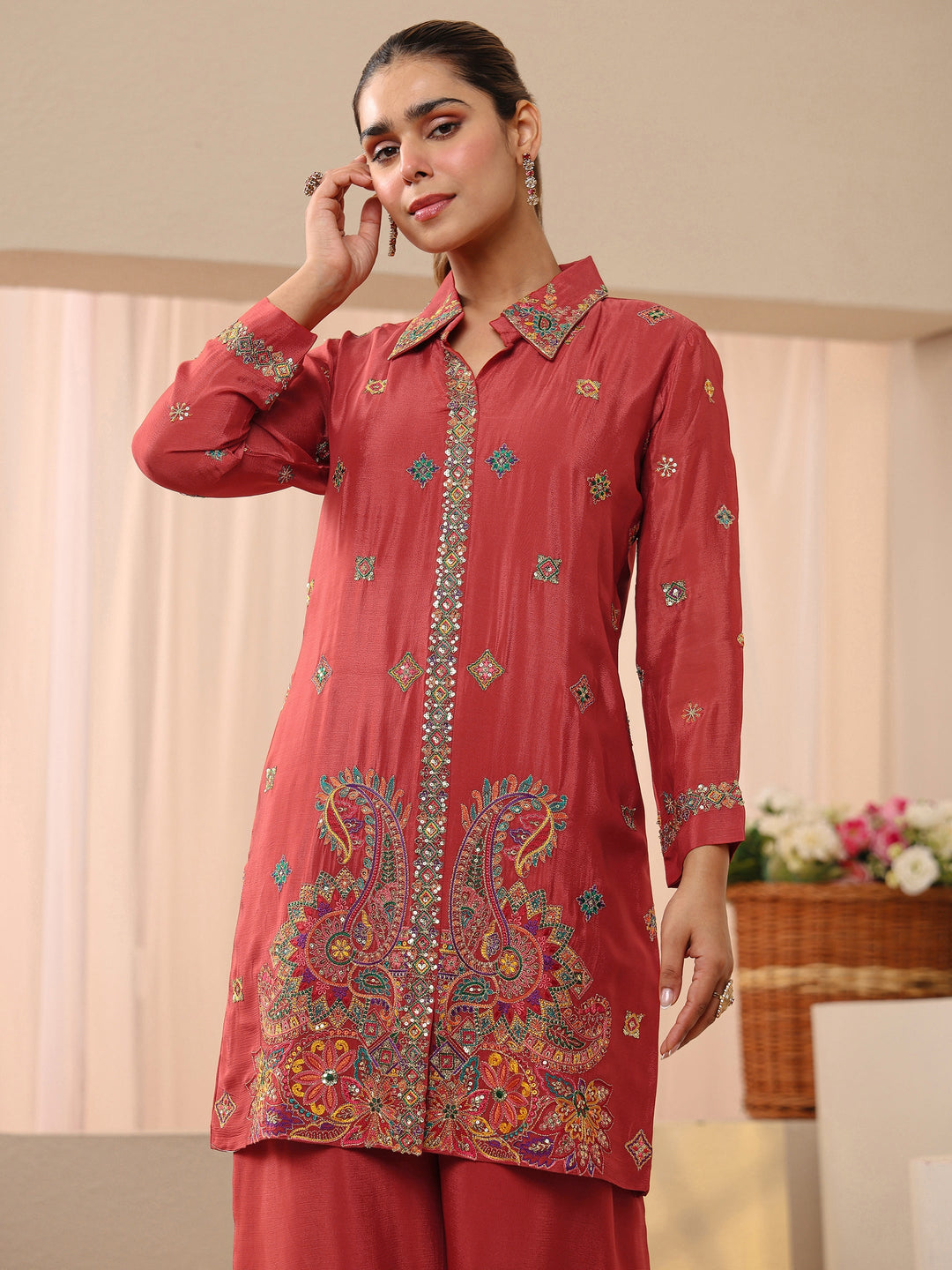 Libas Art Rust Ethnic Embroidered Crepe Co-Ord Set