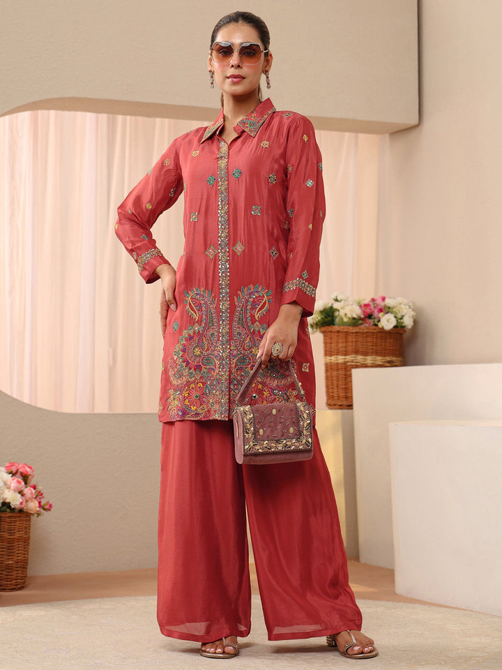 Libas Art Rust Ethnic Embroidered Crepe Co-Ord Set