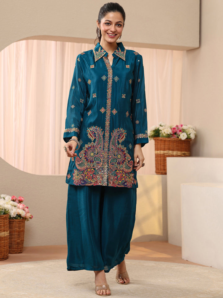 Libas Art Teal Ethnic Embroidered Chinon Co-Ord Set
