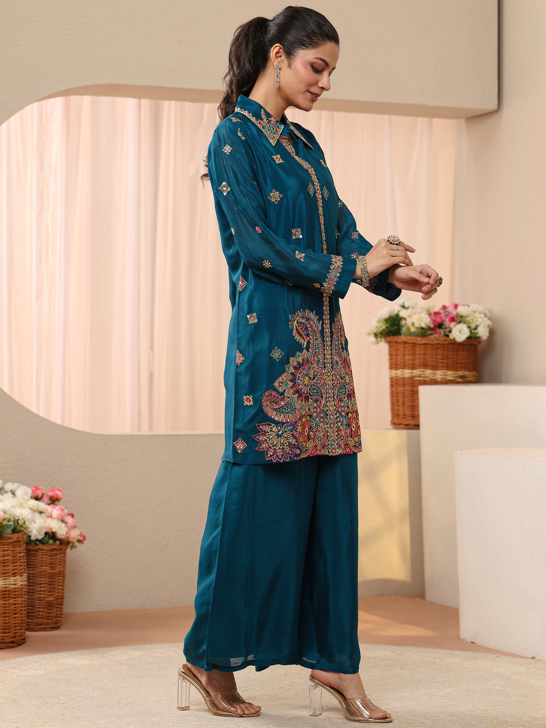 Libas Art Teal Ethnic Embroidered Chinon Co-Ord Set
