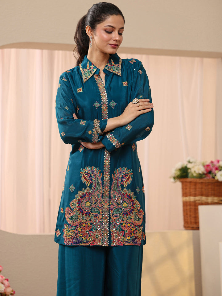 Libas Art Teal Ethnic Embroidered Chinon Co-Ord Set