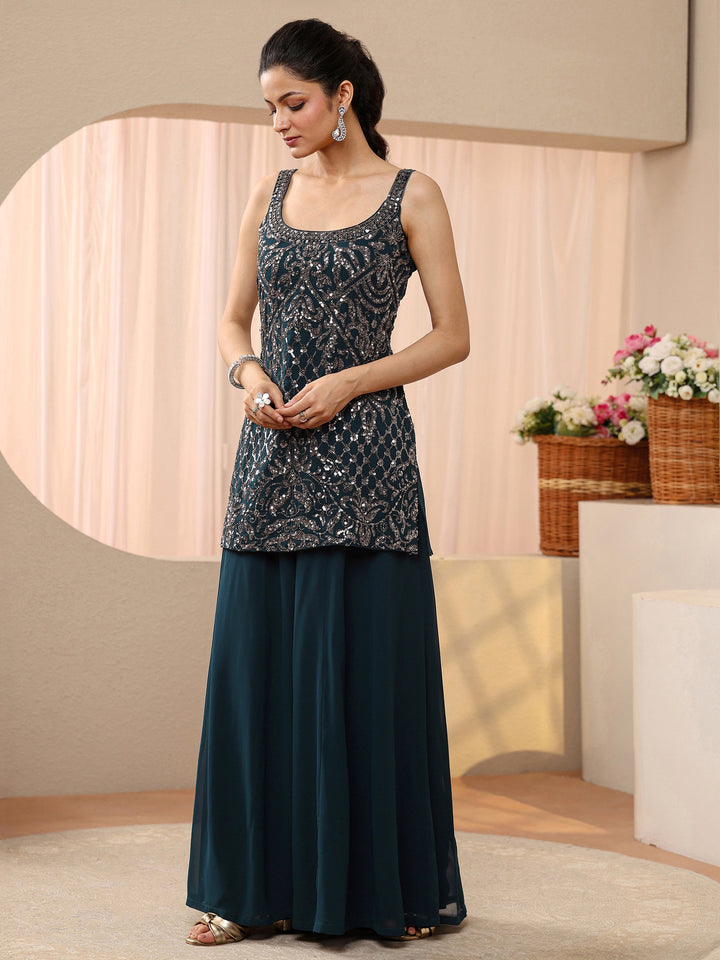 Libas Art Teal Blue Sequin Embellished Georgette Palazzo Suit Set