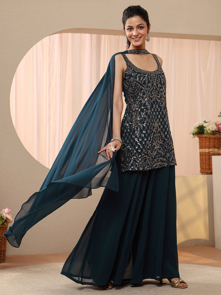 Libas Art Teal Blue Sequin Embellished Georgette Palazzo Suit Set