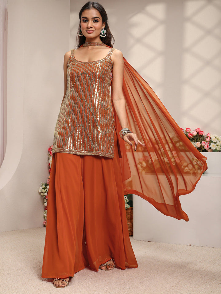 Libas Art Orange Embellished Georgette Straight Suit Set with Dupatta