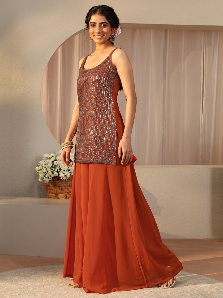 Libas Art Orange Embellished Georgette Palazzo Suit Set