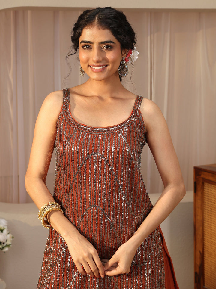 Libas Art Orange Embellished Georgette Palazzo Suit Set