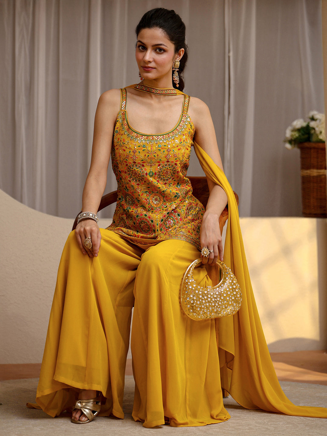 Libas Art Mustard Floral Embroidered Georgette Palazzo Suit Set