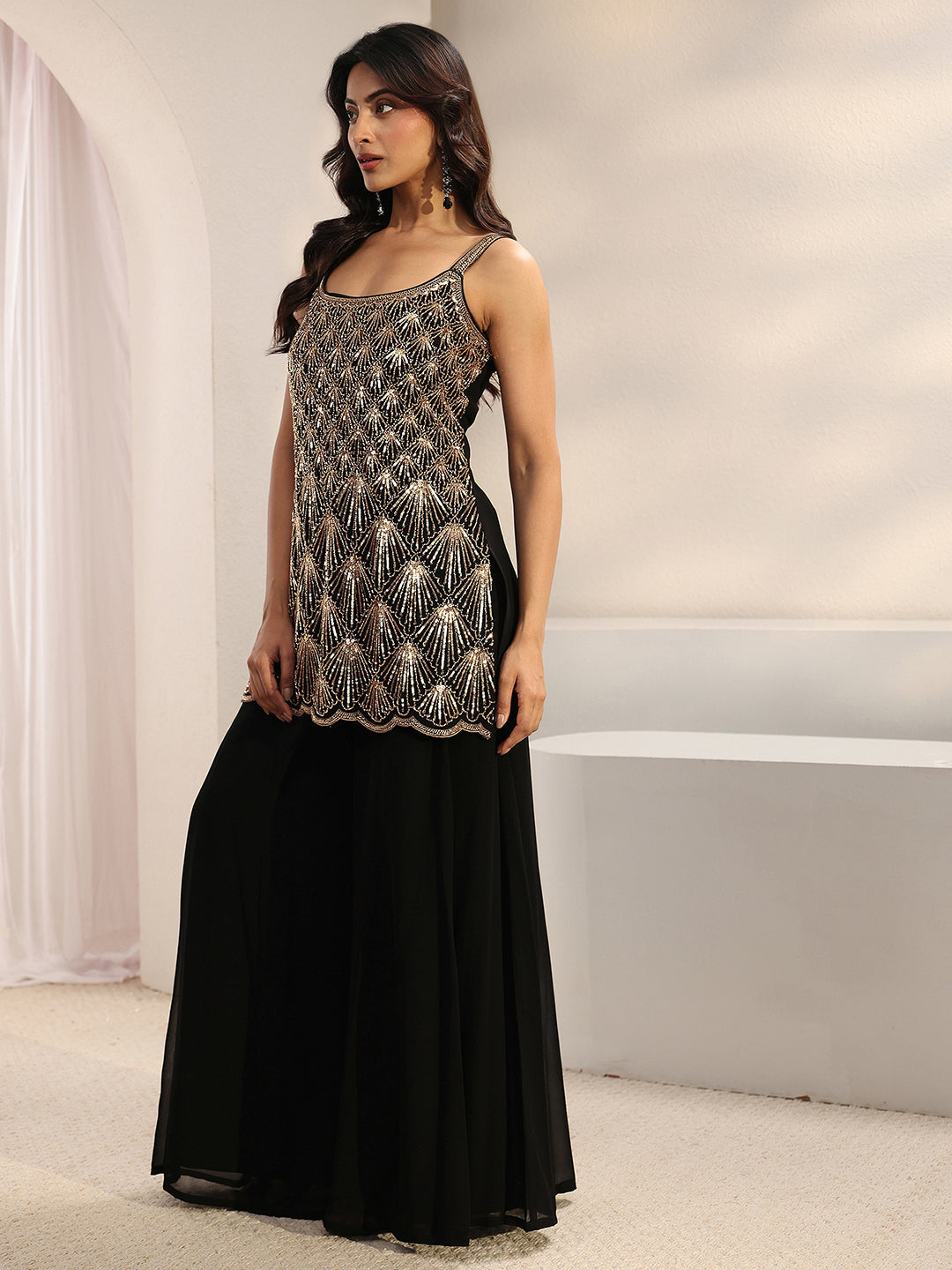 Libas Art Black Embellished Georgette Palazzo Suit Set With Dupatta