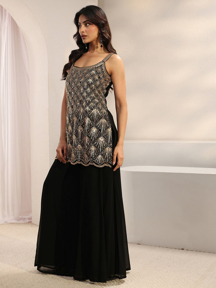 Libas Art Black Embellished Georgette Palazzo Suit Set With Dupatta