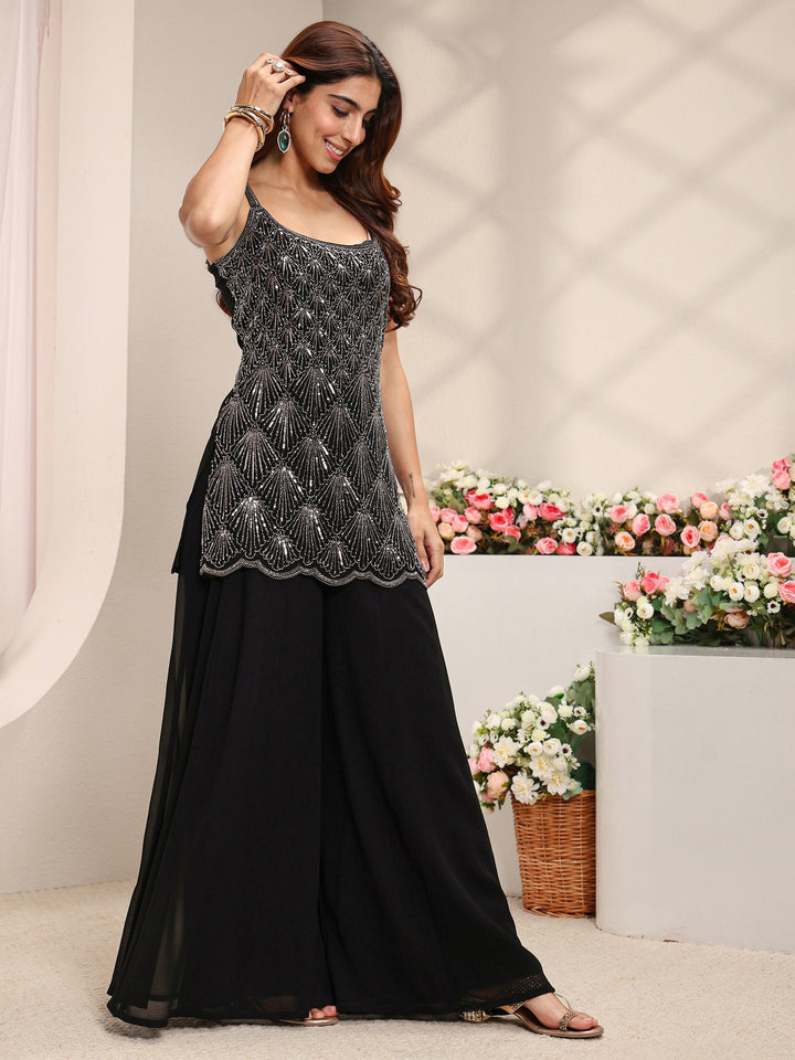 Libas Art Black Embellished Georgette Straight Suit Set with Dupatta