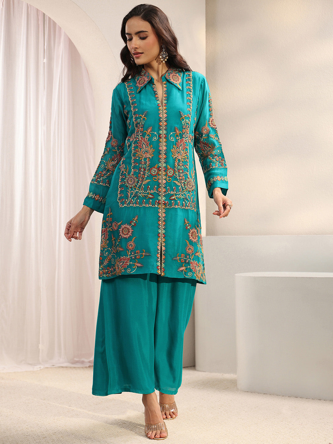 Libas Art Green Floral Embroidered Chinon Co-Ord Set