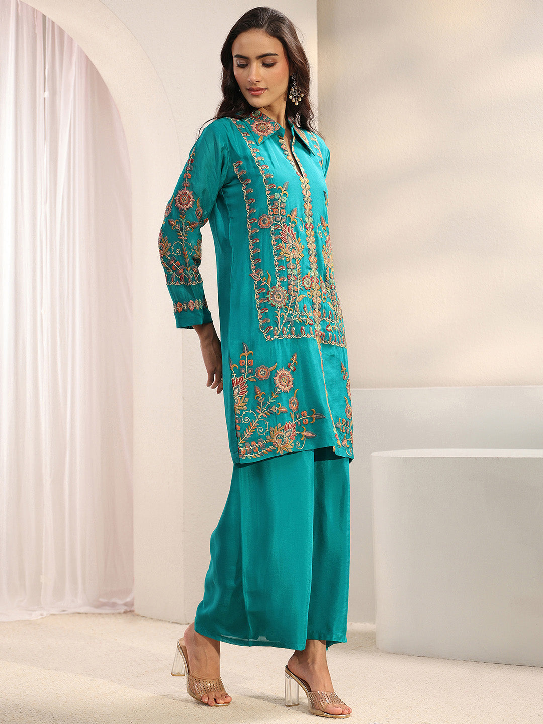 Libas Art Green Floral Embroidered Chinon Co-Ord Set