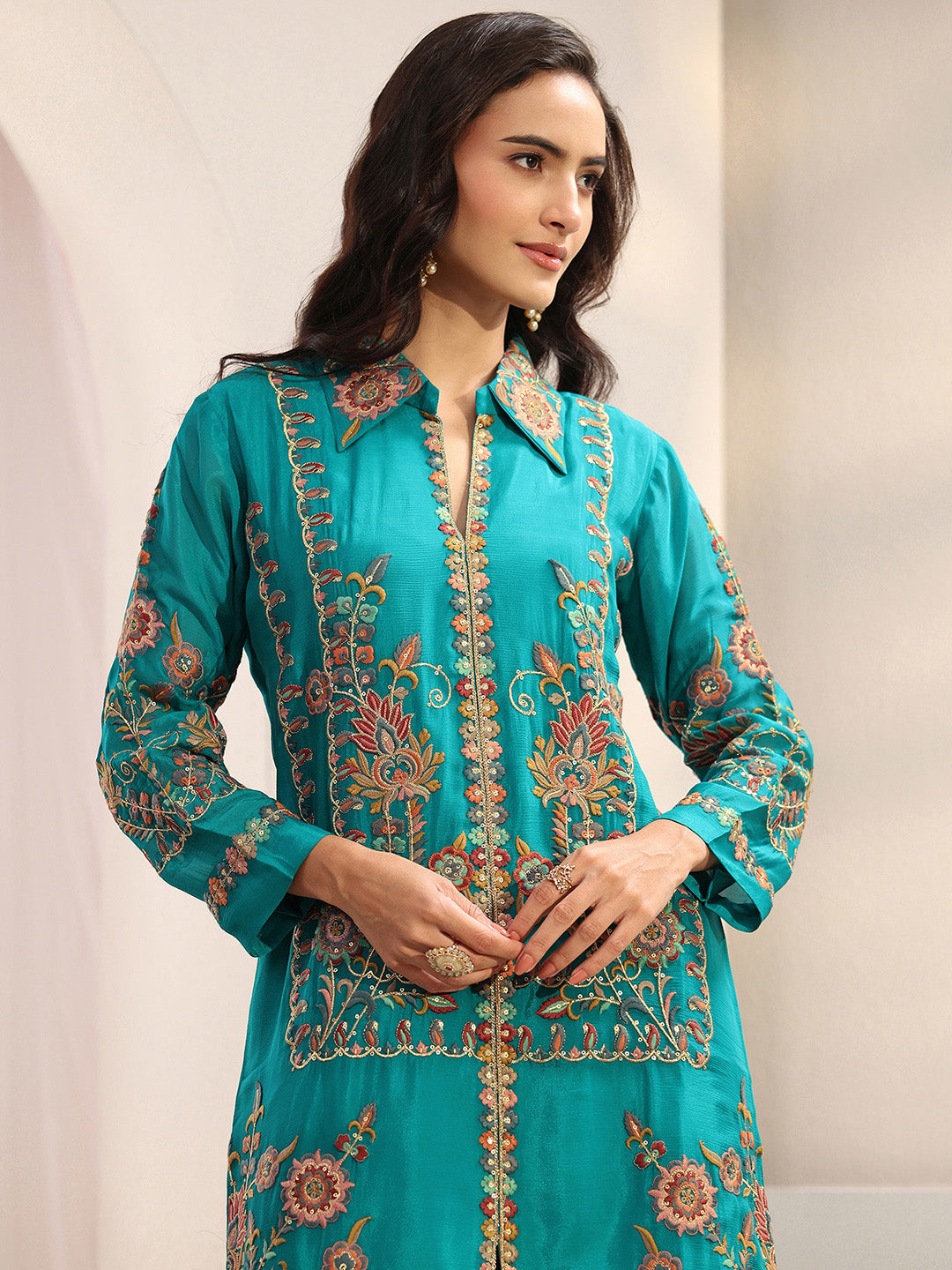 Libas Art Green Floral Embroidered Chinon Co-Ord Set