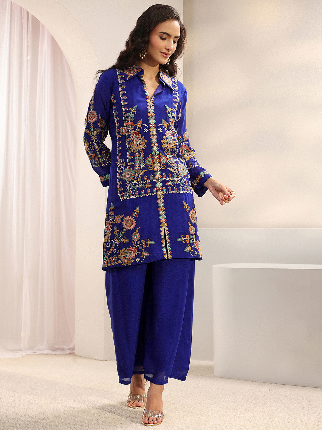 Libas Art Blue Floral Embroidered Chinon Co-Ord Set