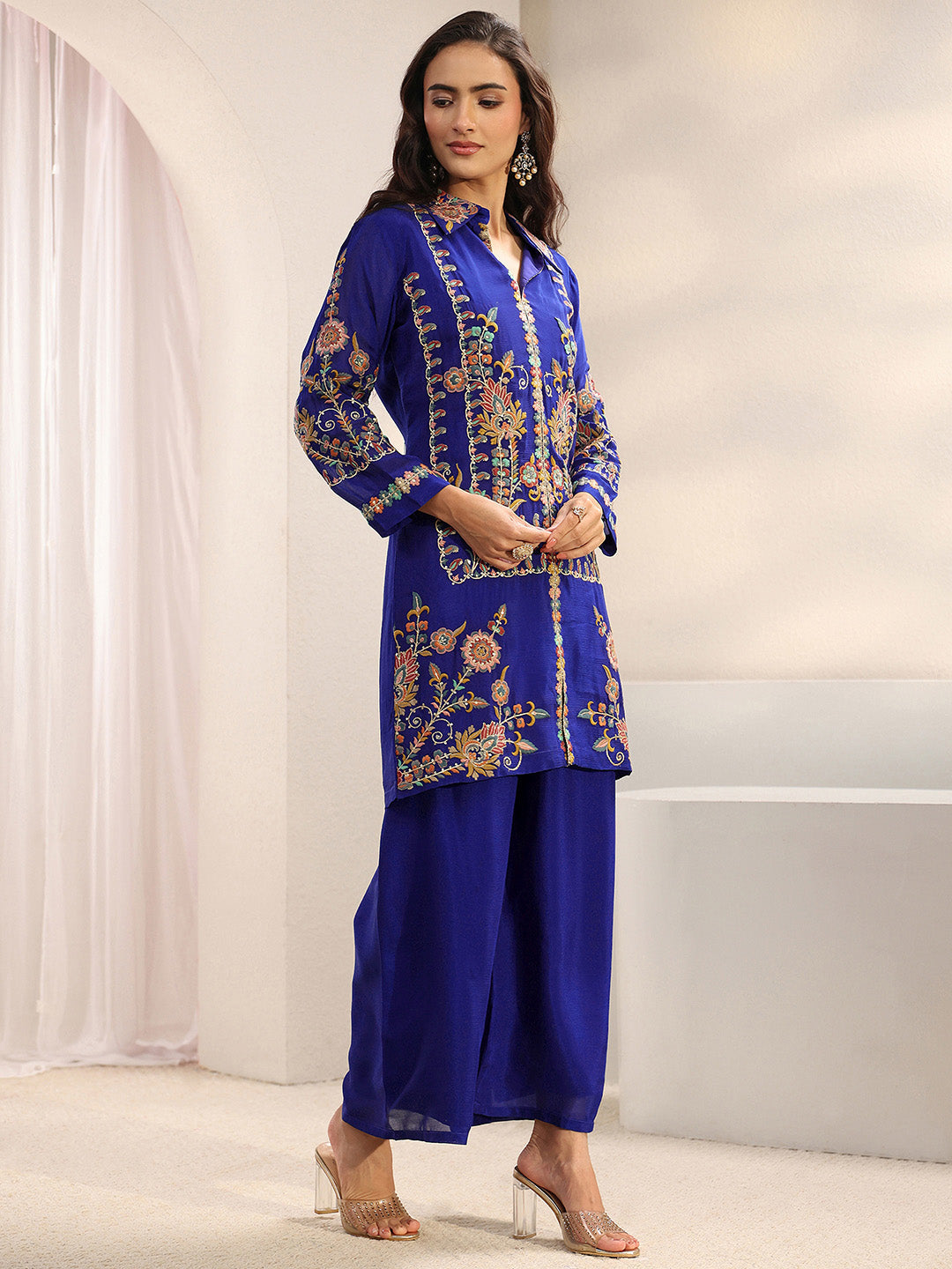 Libas Art Blue Floral Embroidered Chinon Co-Ord Set