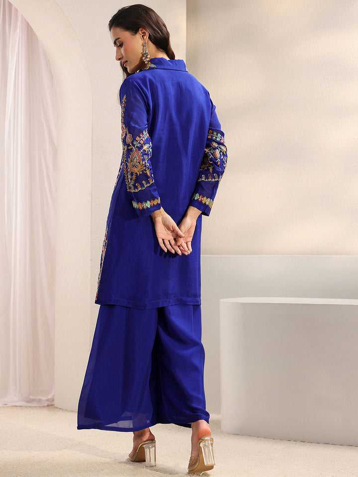 Libas Art Blue Floral Embroidered Chinon Co-Ord Set