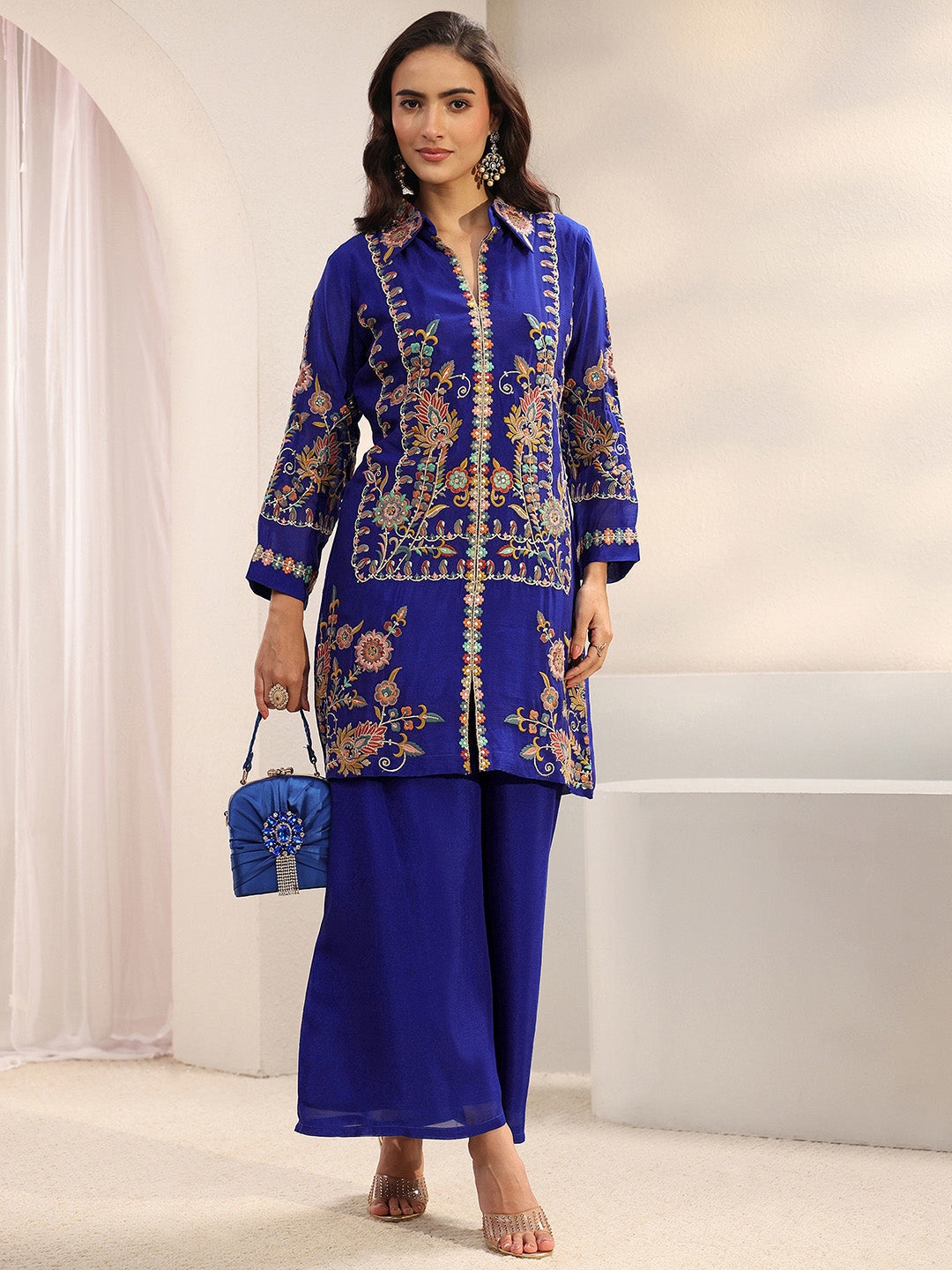 Libas Art Blue Floral Embroidered Chinon Co-Ord Set