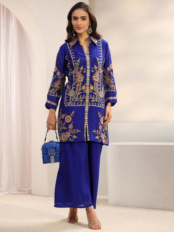 Libas Art Blue Floral Embroidered Chinon Co-Ord Set